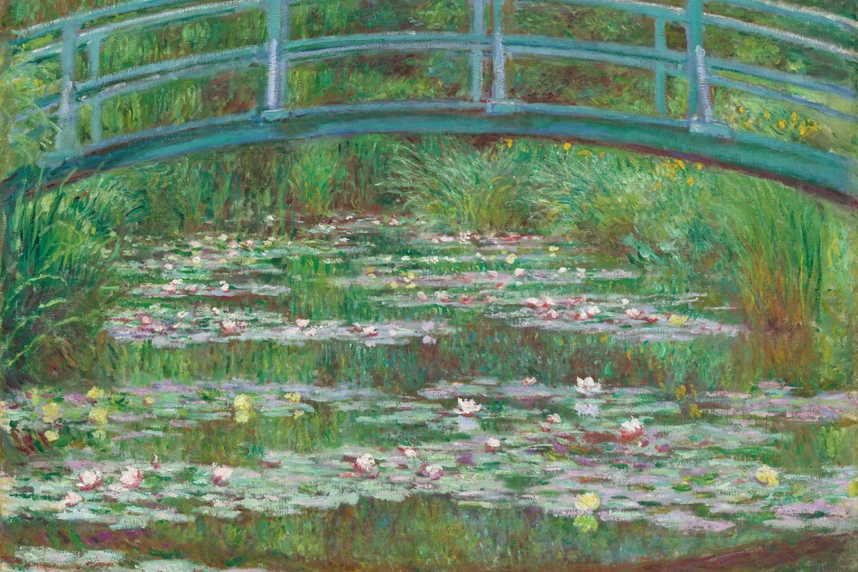 A pale turquoise footbridge arching over a pond lined with tall grasses and filled with petal-pink and butter-yellow waterlilies spans this horizontal landscape painting. The scene is loosely painted with touches of vibrant color. In the top third of the composition, the shallowly arched bridge nearly touches the top edge of the canvas, and it extends off each side. The shadows on the bridge are painted with eggplant purple. Bands of waterlilies gently zigzag into the distance on the surface of the water. The spring and emerald-green grasses growing along the banks fill the space around and over the pond, and they blend into a screen of trees beyond that enclose the scene. The green of the grasses and trees is reflected in the surface of the water, as is the underside of the bridge. The artist signed and dated the work with dark paint in the lower right corner: “Claude Monet 99.”