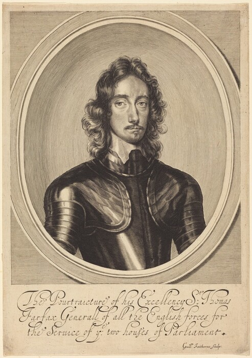 This image shows a portrait of a man with long, wavy hair falling to his shoulders. He is facing forward in a three-quarter pose, wearing detailed and ornate period armor. The armor includes metal plates covering his shoulders and chest. The background consists of cross-hatching lines forming an oval frame around the subject. There are no visible accessories, jewelry, or objects in the image. A caption beneath the portrait identifies the man in a formal or authoritative position.