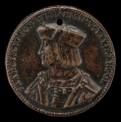 This is an image of an ancient coin or medallion. The object features a detailed profile relief of a regal figure facing left, wearing an elaborate crown or hat and a lavishly decorated robe adorned with patterns and possibly gemstones. Surrounding the figure is a border of text engraved along the edge of the coin. The surface of the medallion shows a patina, indicating age, and there is a small hole near the top. The craftsmanship and detail hint at its historical significance, likely commemorating a person of importance or serving as currency or a medallion during a specific period.