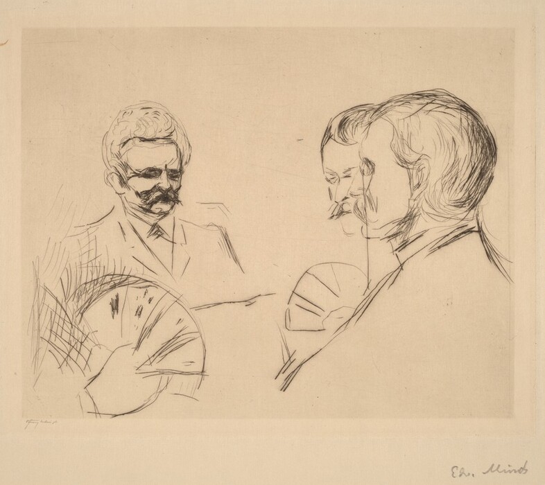 The image is an etching portraying three men from the shoulders up. The man on the left faces forward, featuring a broad mustache and thick, curly hair, wearing a suit and tie. The man in the center is shown in profile with a slightly receding hairline and a mustache. The third man is depicted in a half-profile view from behind, showing the back of his head and side of his face with longer hair swept back and a mustache. They seem to be engaged in conversation, with the man in the foreground holding what appears to be a fan. The background is plain, and the etching utilizes fine lines and shading for detail.