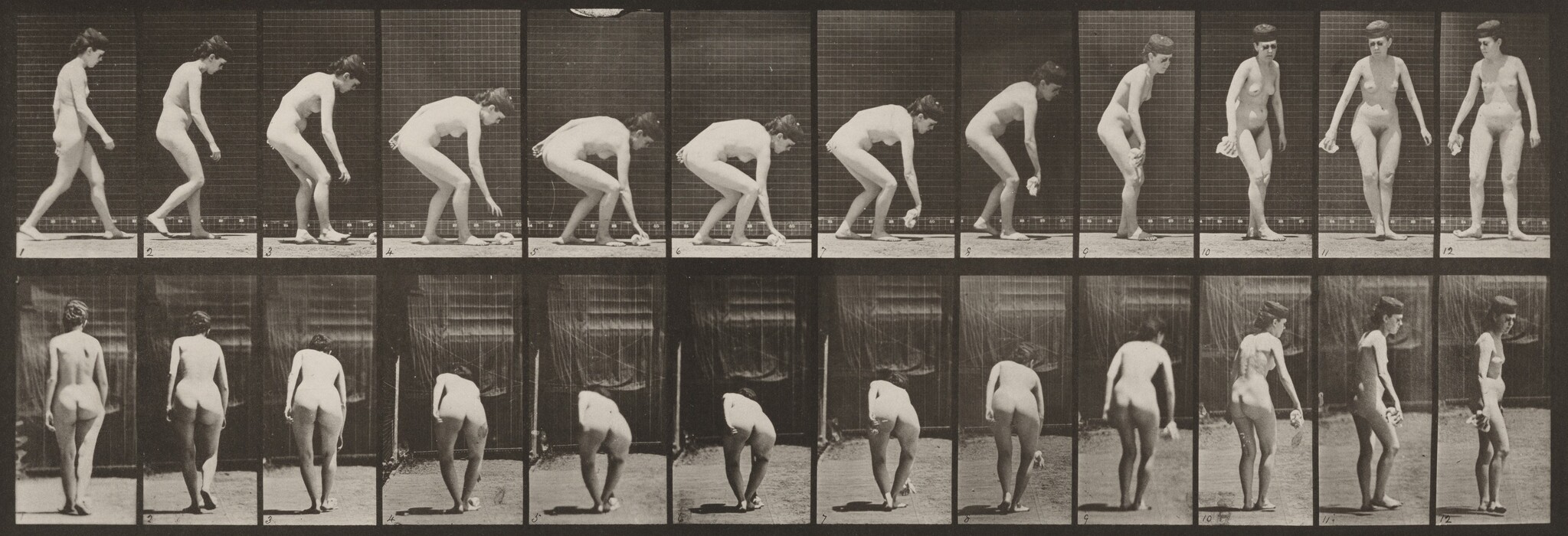 The image shows a sequence of photographs displaying a nude individual in motion. The top row shows the person crouching down and standing up, while the bottom row captures similar movements from different angles. The individual has short hair tied closely to the head and is holding a small cloth or towel in some frames. The background consists of a tiled wall with horizontal lines, and the ground appears flat, resembling a paved or sports court.