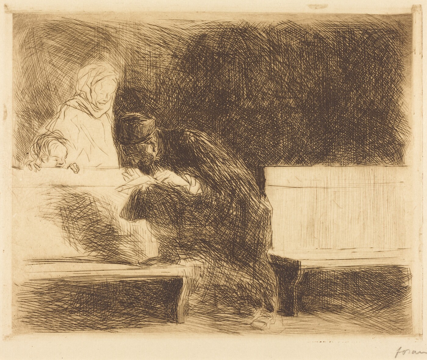 The image depicts three individuals, each showing three-quarters of their bodies. The person on the right is bending forward, looking down with their hands resting on a surface. They wear a dark coat and a hat obscuring their facial features. The middle person has their head covered with a slightly visible face. The person on the left, likely a child, is leaning over the ledge with their head slightly tilted downwards and short hair. None of the individuals hold any objects. The background is mostly dark with cross-hatched shading for depth, contrasting with the lighter figures. The drawing is monochromatic with dark tones emphasizing the characters' focus.