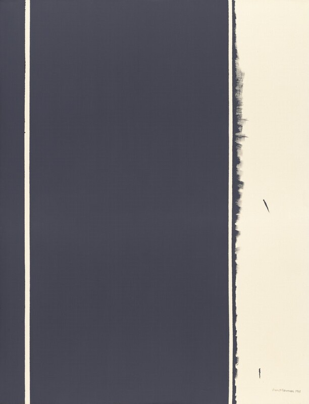 Wide and narrow strips of cream white and charcoal gray span the height of this vertical, abstract painting. The left three-quarters of the composition is dark gray except for a narrow white line near the left edge. The gray field ends to the right with a precise, vertical edge. A narrow white line follows, and then a thin blade of gray is brushed shallowly into the white, rightmost quarter of the composition. The artist signed the painting in the lower right corner, “Barnett Newman 1965.”