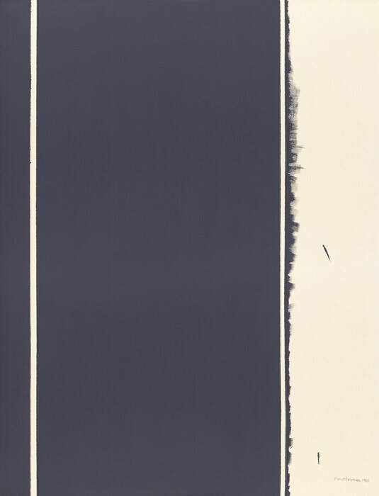 Wide and narrow strips of cream white and charcoal gray span the height of this vertical, abstract painting. The left three-quarters of the composition is dark gray except for a narrow white line near the left edge. The gray field ends to the right with a precise, vertical edge. A narrow white line follows, and then a thin blade of gray is brushed shallowly into the white, rightmost quarter of the composition. The artist signed the painting in the lower right corner, “Barnett Newman 1965.”