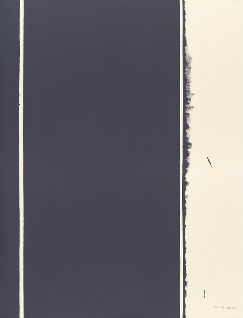 Wide and narrow strips of cream white and charcoal gray span the height of this vertical, abstract painting. The left three-quarters of the composition is dark gray except for a narrow white line near the left edge. The gray field ends to the right with a precise, vertical edge. A narrow white line follows, and then a thin blade of gray is brushed shallowly into the white, rightmost quarter of the composition. The artist signed the painting in the lower right corner, “Barnett Newman 1965.”