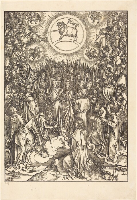 This is a drawing featuring a central lamb surrounded by various figures and symbolic imagery. The lamb stands within a radiant circle in the sky, holding a flag, and is surrounded by beams of light. The figures below are holding palm leaves, and the scene includes other animals, winged creatures, and elements suggestive of a celestial gathering. The drawing is detailed and intricate, with fine line work emphasizing the costumes and expressions of each figure.
