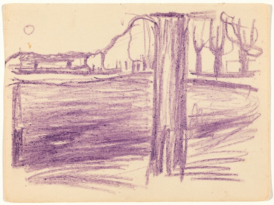 The sketch features a simple landscape viewed from eye-level. Elements include trees, a structure, and the horizon. Two tree trunks are drawn in the foreground with vertical and winding lines. The open area extends towards the horizon with horizontal and curved strokes. The loose and expressive lines suggest a quick, impressionistic technique. The color palette is primarily muted purple on cream paper.