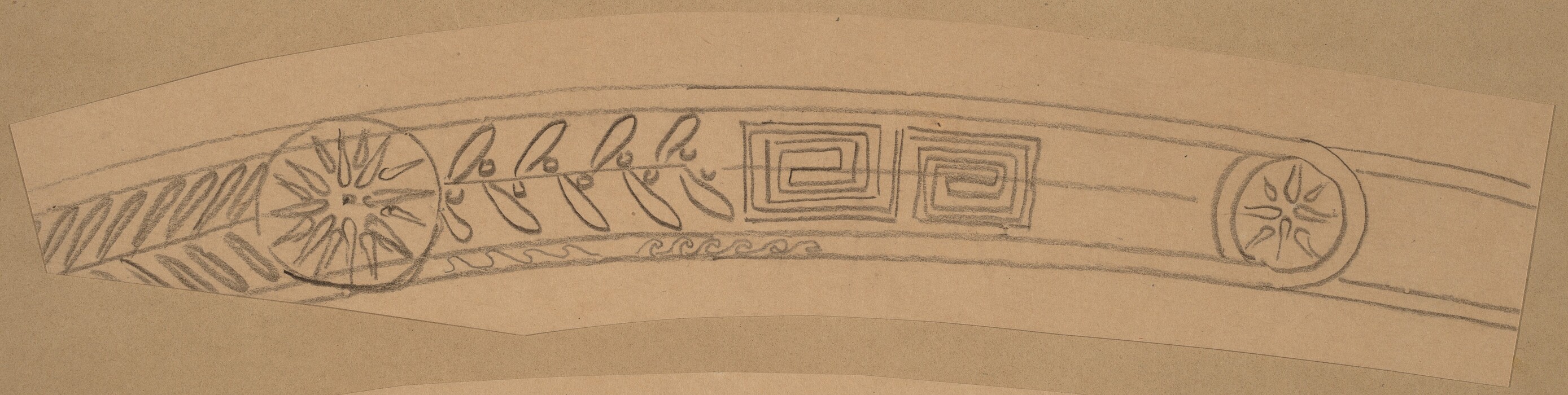 The image shows a curved strip with abstract shapes and patterns drawn along it. There are circular forms with radial lines on the left and right ends, resembling sunbursts or star-like designs. In the center, there are two square shapes with spiraling lines inside. Between these elements are elongated leaf-like forms and wavy lines. The composition is sketched on a light brown background.