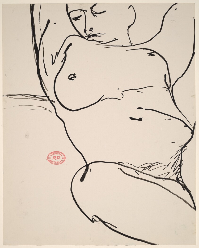 Untitled [head and torso view of a reclining nude raising her arms]