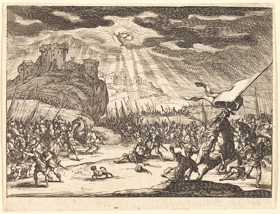 This is a drawing of a battle scene with fortified castles in the background. Soldiers on horseback and infantry with spears and banners engage in combat. The sky is dramatic with dark clouds and rays of light shining through. The lines are heavily inked, giving a sense of movement and chaos. The style resembles historical engravings or etchings of battles.
