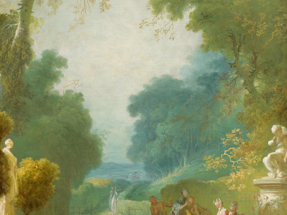 Towering, pale, celery-green trees frame a view of a lush park with about a dozen elegantly dressed, light-skinned men and women in this vertical landscape painting. The color palette is dominated by moss and lemon-lime green, golden yellow, and spruce blue. The men all wear jackets with long tails over knee-breeches, and their long hair is pulled back at the napes of their necks. The women wear long dresses with full skirts and hints of lace at the sleeves and bust, and their brown or white hair is pulled up. Nine of the men and women gather to our right on a stone terrace along the bottom edge of the painting. A man in butter yellow kneels in front of a woman wearing rose pink. Around this pair, people stand, kneel, sit, or recline wearing aquamarine blue, light turquoise, or ivory white. A man and woman sit on a bench to our left, a little removed from the larger group. This woman wears ruby red and the man leaning toward her wears topaz blue. Two people in the park beyond these groups are painted with only a few strokes of pale blue and white paint, and they look over a low hedge row lining the walking path. Beds of red flowers fill the lower corners of the composition in front of a statue of a woman to our left and a person, perhaps on a fountain, to our right. The grassy walking path and trees become more blue as they fade into the hazy distance between the tall tress to either side. The sky fades from pale blue along the horizon to a silvery blue, almost white, at the top.