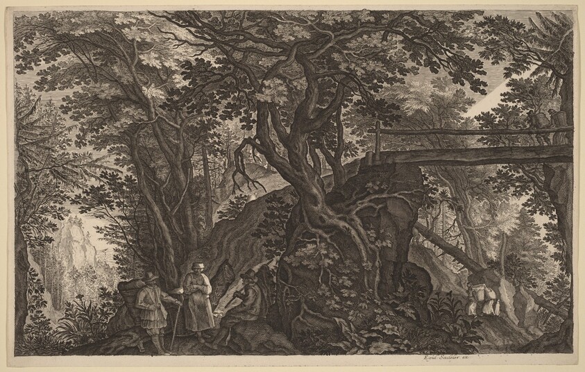 Forest Landscape with Two Men and a Woman Resting near a Bridge