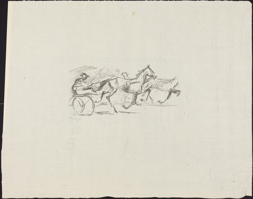 This is a drawing of a horse-drawn cart in motion. The image shows a depiction of two horses pulling a small cart. The sketch is minimalistic, using only a few lines to convey the speed and motion of the horses and cart. The horses are drawn in mid-gallop, with their legs extended, and the driver is seated at the back, holding the reins. The simplicity and fluidity of the lines emphasize the dynamic movement of the scene. The overall composition suggests a sense of urgency and energy.