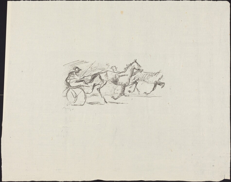 This is a drawing of a horse-drawn cart in motion. The image shows a depiction of two horses pulling a small cart. The sketch is minimalistic, using only a few lines to convey the speed and motion of the horses and cart. The horses are drawn in mid-gallop, with their legs extended, and the driver is seated at the back, holding the reins. The simplicity and fluidity of the lines emphasize the dynamic movement of the scene. The overall composition suggests a sense of urgency and energy.