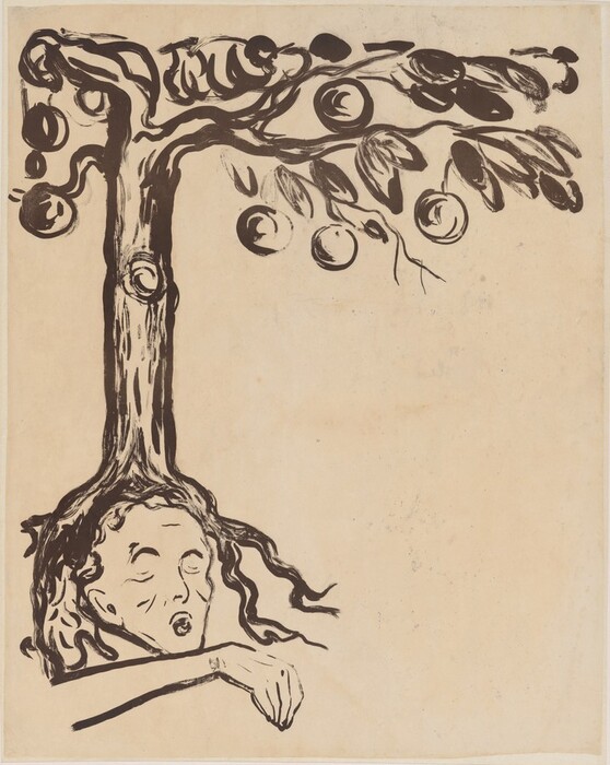 The image depicts bold, sweeping lines forming an abstract representation of a tree with circular shapes resembling fruit hanging from its branches. The trunk displays a textured pattern akin to natural grooves and knots. Beneath, the roots intertwine with the contours of a human face, merging into an arm. This abstract composition of organic shapes and human forms suggests a connection between nature and the human visage.