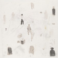 The image contains blurred and faint shapes, mainly soft, rounded forms and smudged lines creating an abstract composition. It evokes silhouettes of people and shadows on a pale background, resembling figures in a sparse landscape. There is a central, darker and more defined shape that could be interpreted as a person in motion. Other forms scattered around suggest vague outlines of hats, heads, and other ambiguous shapes.