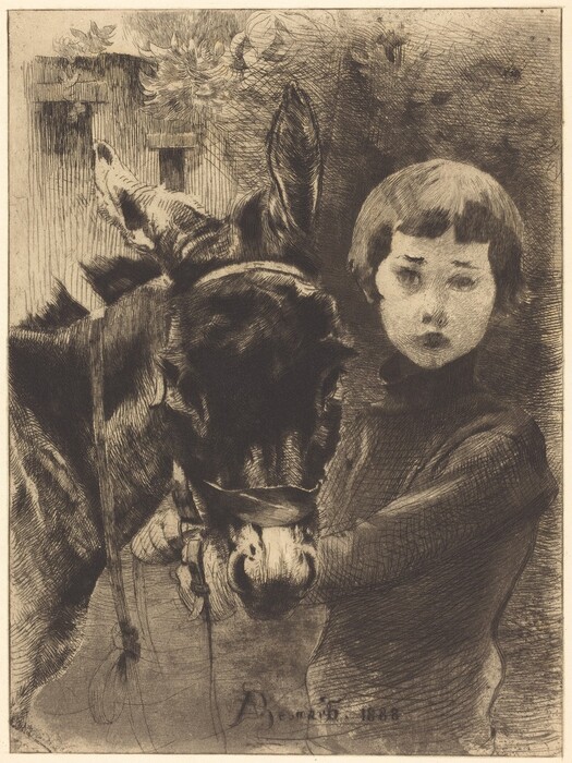 The image shows the upper body of a young child standing next to a donkey. The child has short, straight hair and a rounded face, wearing a dark, long-sleeved garment with a high collar. The child has a slightly serious expression. The donkey's head is detailed, showing its ears, eyes, and muzzle. The background features sketchy lines and shading, suggesting a textured setting, possibly outdoors with foliage or natural surroundings.