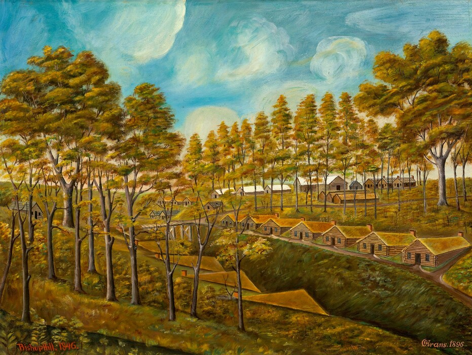 The image depicts a landscape with a line of rustic, wooden cabins nestled in a clearing across a small valley. Tall trees with sparse leaves stand closer to the viewer, leading the eye towards the cabins in the distance. The horizon is high in the composition, with a line of trees and a hint of sky above. The paint strokes create a textured, somewhat naive style, with warm and earthy colors dominating the scene. The foliage is rendered in a stippled or dappled texture, with splashes of yellow and hints of blue in the sky. Soft, rolling clouds are scattered across the sky. More trees rise beyond the cabins, adding depth to the wooded landscape. Light and shadow play across the undulating terrain, creating an old-fashioned charm in the overall scene.