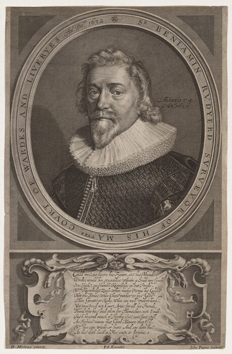 This is an engraved portrait of Sir Benjamin Rudyer, showing his upper body and head. He is slightly turned to his right, facing the viewer. He has a beard, mustache, expressive eyes, furrowed brows, wavy medium-length hair, and is wearing a patterned garment with a large ruffled collar. He does not appear to be wearing any visible jewelry nor holding any objects. The background features a textured pattern within an oval frame with inscriptions and a poem at the bottom in a decorative frame.