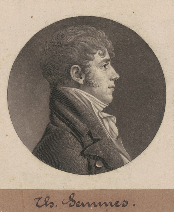 The image shows a side profile portrait of a man from the shoulders up. The man is positioned facing right, displaying a classic profile pose. His facial features include a prominent nose and a slightly open mouth, with a strong jawline and sideburns. His hair is short, curly, and neatly styled. He is wearing a dark coat with a high collar, which is layered over a white shirt with a voluminous neckcloth. There is no visible jewelry or objects being held by the person. The background is a plain, blank circular area that creates a contrast, highlighting the subject. The lower part of the image has a sepia-toned border with the handwritten name "Ths. Semmes."