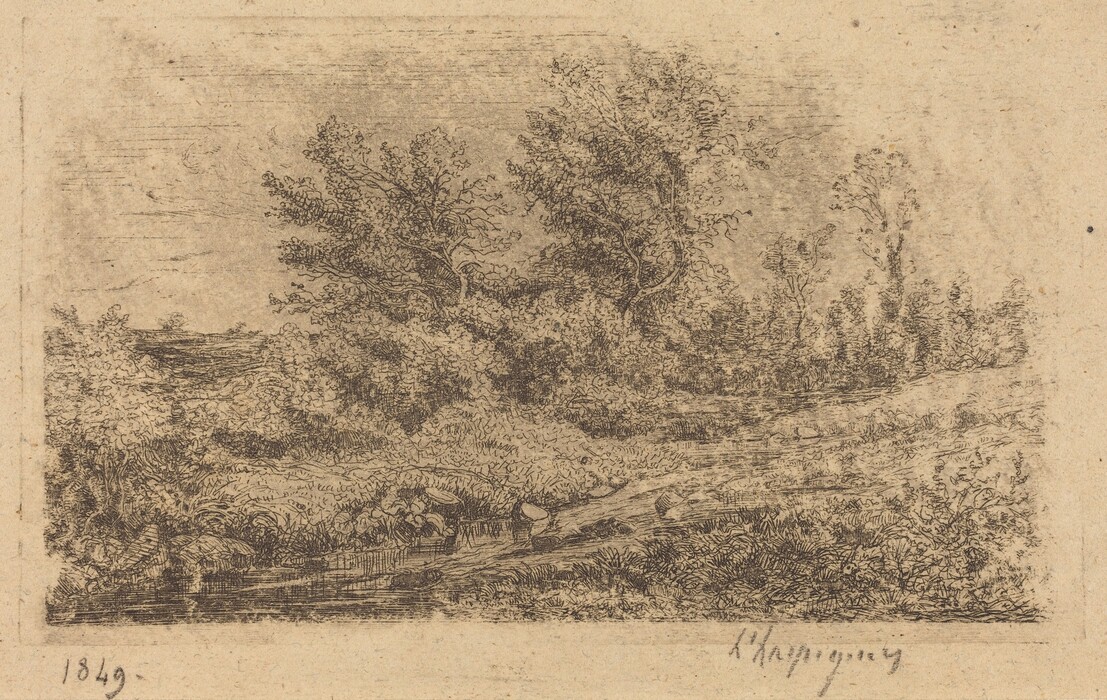 The image shows a landscape view with trees and foliage. The horizon is low in the background. Trees with detailed branches and leaves dominate the scene. The artwork features fine etching with precise strokes that vary in density, adding depth. The color palette is monochromatic in shades of brown. A stream or path winds through the scene, flanked by shrubbery and undergrowth. The landscape continues with more vegetation in the distance.