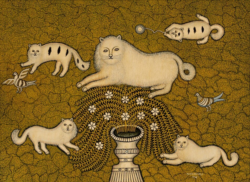 This is a painting of five white cats with two birds and a vase of flowers. The five white cats are positioned around a large decorative vase at the center of the painting, which is overflowing with stylized floral arrangements with yellow leaves and white blossoms. The cat directly above the vase is the largest, while the others are significantly smaller. Two of the small cats are on either side of the vase, appearing to play with the long leaves, while one in the top left plays with a bird and one in the top right interacts with a white ball on a string. Another bird is on the ground to the right of the vase. The cats all look out at us. The background features a rich, textured pattern in brownish-yellow hues.