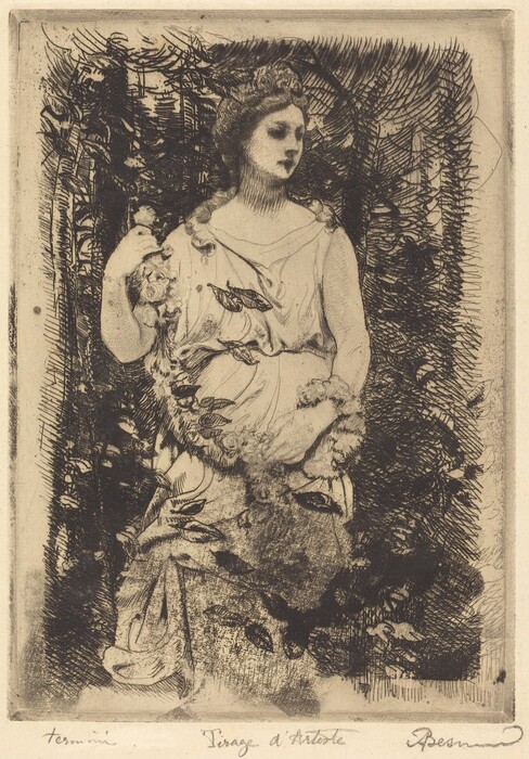 The image shows a seated woman from the waist up, facing slightly to her left. She has a calm expression and looks downward. She has delicate features and styled hair, possibly with a headpiece or flowers. She wears a flowing garment with additional fabric and foliage around her. In her right hand, she holds a floral object with leaves. The background features intricate etchings of foliage or a garden setting, contrasting with the woman's smooth figure.
