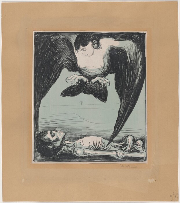 A bold, abstract image showing sweeping lines creating the shape of a large bird-like creature with expansive wings hovering over a skeletal figure lying horizontally below. The creature’s wings arch upwards like an umbrella. The skeletal figure on the ground has a bony structure and is in an outstretched position. The interplay of dark shading and lighter backgrounds creates an eerie juxtaposition.