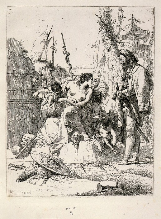 The image shows a group of people in a setting that includes a woman seated on a pile of belongings, a man holding a cylindrical object, and other figures around them. Objects such as swords and a shield are scattered on the ground. The background shows crumbling architecture and sparse trees.