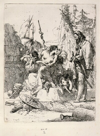 Seated Woman and Standing Man Surrounded by Other Figures and Paraphernalia