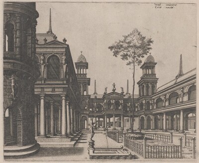 The image depicts an architectural scene from an elevated angle. The composition leads the eye towards building structures that recede into the distance. Several towers, columns, and sculptural figures are visible. The brushstroke technique is linear and precise, with an etching style. The color palette is monochromatic, focusing on black and gray shades. The painting shows columns, a statue, arches, spires, and decorative elements. Faint outlines of other structures are visible in the background.