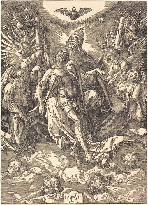 This is a drawing of a celestial scene with figures among clouds, held aloft by angels. The figures are seated on clouds with a dove in the sky above them. Rays of light emanate from behind one of the central figures. Below, clouds are stylized with faces blowing winds. The composition is intricately detailed, with emphasis on the flowing garments and the serene expressions of the winged figures surrounding the central group.