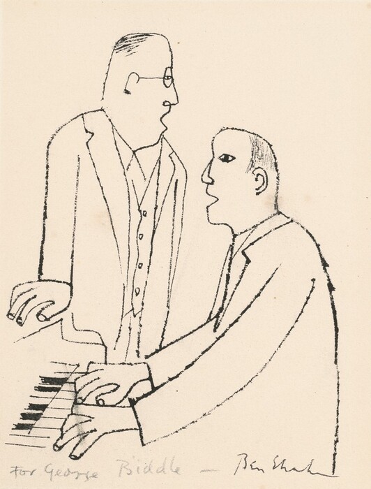 The image shows two figures displaying their upper bodies. The figure on the left is standing at a slight angle facing the figure on the right. He has a simple facial structure with glasses and short hair, wearing a suit jacket with a shirt and tie, and his right hand resting on a piano top. The figure on the right is seated at a piano, slightly turned towards the left figure. He has distinct facial features with a prominent nose and basic eyes, and short-cropped hair. He wears a jacket and buttoned shirt, with both hands positioned over the piano keys as if playing. The background is a plain surface, highlighting the interaction between the figures and the piano.