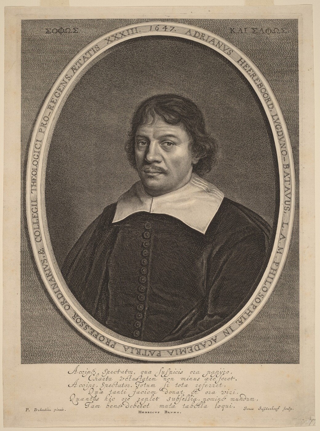 This is a portrait of a man from the waist up. He is facing slightly to his left, with his gaze directed towards the viewer. He has a broad forehead, arched eyebrows, a prominent nose, a small moustache, dark curly hair that falls to about ear length, and is wearing a dark coat buttoned up the front with a large white collar. The man is surrounded by an ornate oval frame with text along its inner edge, and the background has a textured pattern with no distinct objects or scenery. There are inscriptions and text beneath the oval in a classical font.