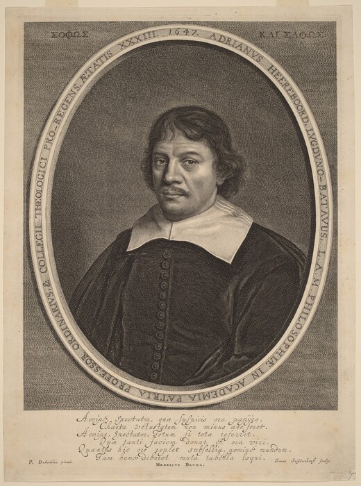 This is a portrait of a man from the waist up. He is facing slightly to his left, with his gaze directed towards the viewer. He has a broad forehead, arched eyebrows, a prominent nose, a small moustache, dark curly hair that falls to about ear length, and is wearing a dark coat buttoned up the front with a large white collar. The man is surrounded by an ornate oval frame with text along its inner edge, and the background has a textured pattern with no distinct objects or scenery. There are inscriptions and text beneath the oval in a classical font.