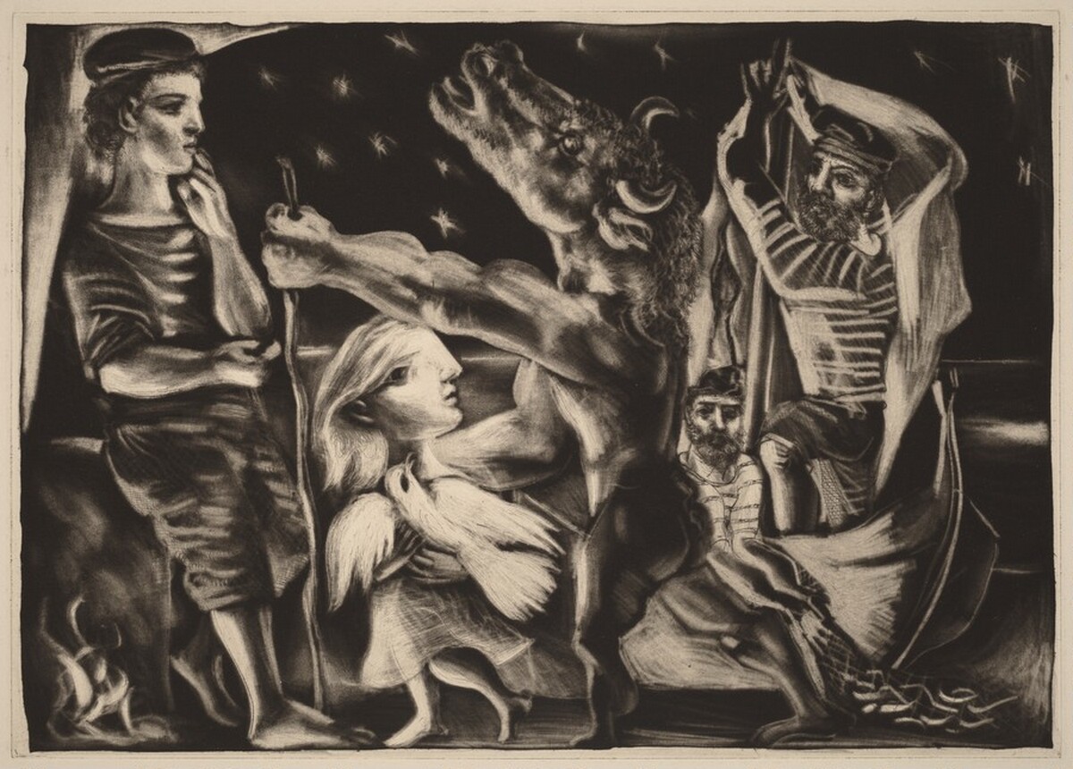 Blind Minotaur Led by Marie-Thérèse with a Dove in a Starry Night (Minotaure aveugle guidé par Marie-Thérèse au pigeon dans une nuit étoilée)