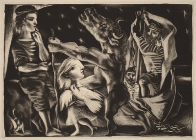 Blind Minotaur Led by Marie-Thérèse with a Dove in a Starry Night (Minotaure aveugle guidé par Marie-Thérèse au pigeon dans une nuit étoilée)