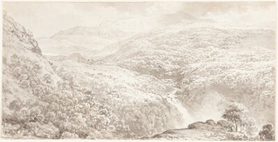 A Mountain Valley with a Waterfall