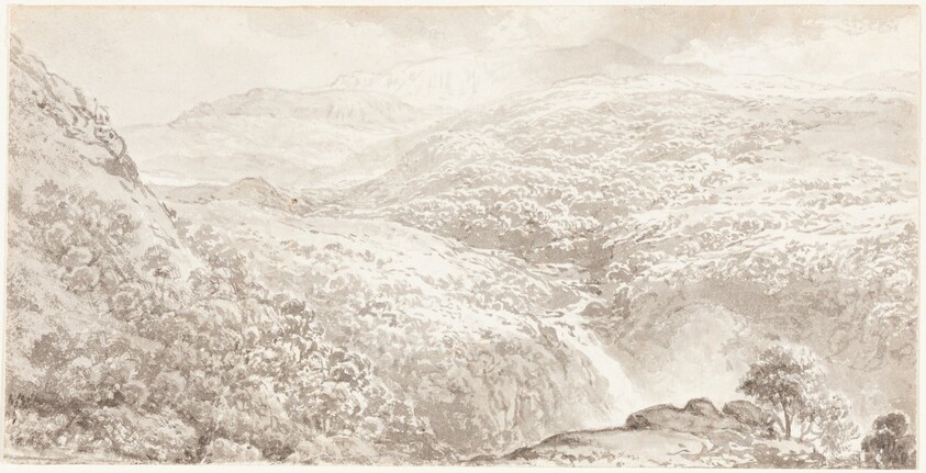 A Mountain Valley with a Waterfall