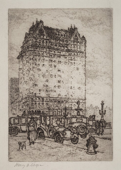 The image depicts a cityscape with a tall, ornate building. The horizon line is low, aligning with the base of the building, street, and surrounding urban elements. The artwork features a sketch-like style with thin lines and a sepia color palette. There are early 20th-century automobiles, pedestrians, and buildings in the scene.