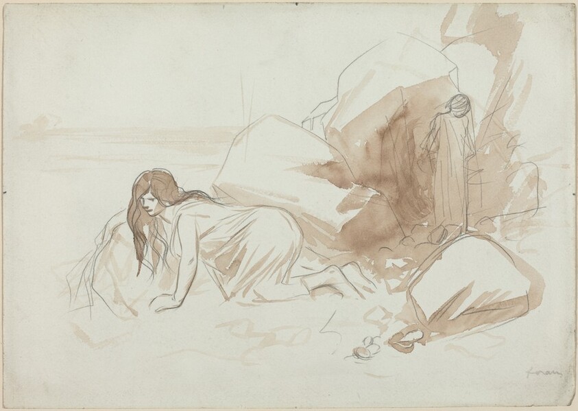 Woman on a Beach with Sketch of Standing Figure in Background