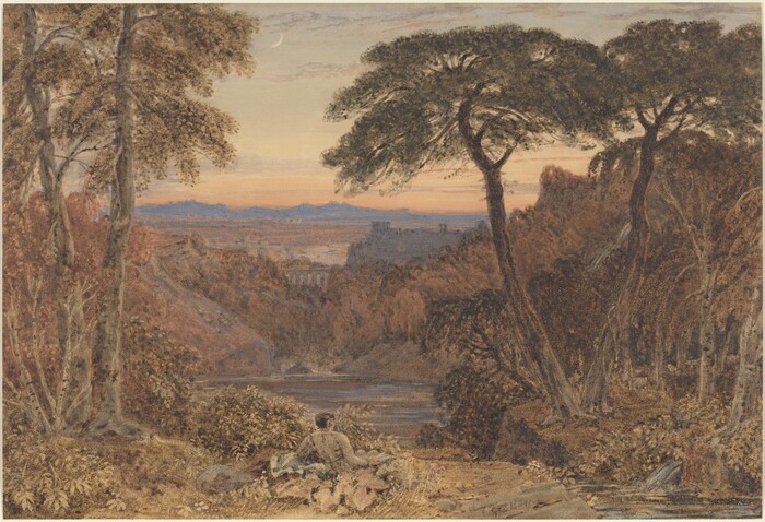 The image shows a landscape from an elevated point of view with mountains in the distance and a person sitting among detailed foliage. Trees frame the view, leading to a valley with a river and a bridge in the background. The sky is painted in warm tones of orange and yellow.