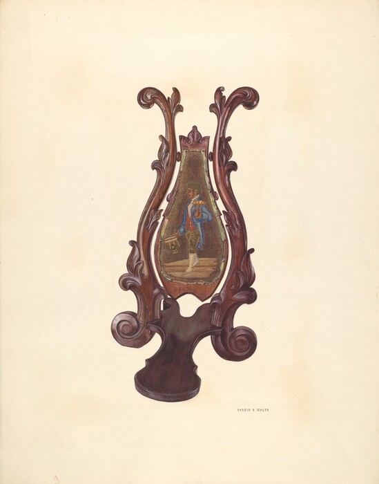 The image shows an ornate wooden lyre-shaped stand with a decorative vase at its center. The vase features a detailed illustration of a person in a blue outfit. The color palette includes rich browns for the wood, a mix of blue, brown, and cream tones for the illustration on the vase, set against a soft off-white background. The lyre-shaped stand and vase are positioned in the center of the image.