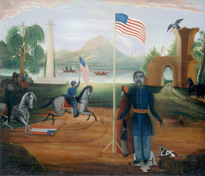The painting shows a landscape including distant hills under a pale blue sky with clouds. Below the hills is a body of water with some small red rowboats on it. Closer to us, to the right of center, is an American flag on a flagpole. A child in a black suit and a woman in a red dress stand facing the flagpole, and a man stands in front of them, facing us. He is in a blue uniform with long buttons down the front and a red belt. The man is holding broken pieces of a chain in either hand and appears to be standing in a light gray puddle. All three of these people have blue-gray skin and black hair, and there is a small black-and-white dog by them near the bottom right corner. To the left of center, a man riding a horse holds up another American flag. This man is wearing a similar blue uniform and has slightly paler gray skin. He also holds another flag in his other hand, which he allows to drag on the ground, and this flag is red with a wide white stripe in the center and a blue and gold section in the top left. Behind him is another rider on horseback who is mostly in shadow, and behind that a man stands by a tree near two horses that appear to be hitched to a wagon. In the background on the left, there is a tall white monument, and on the right is an arched structure made of light brown stone with a large gray bird sitting on top of it and more horses standing below it.