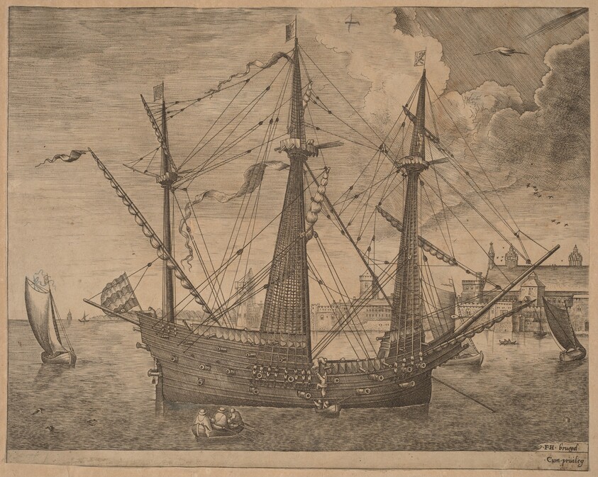 Armed Three-Master Anchored Near a City