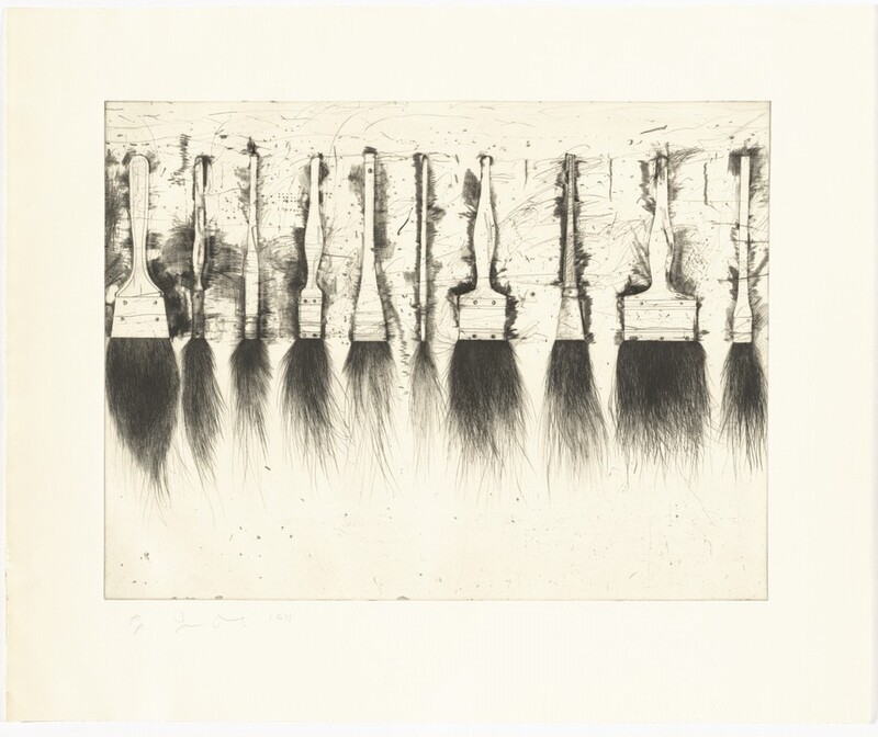 Printed with black against cream-white paper, ten paintbrushes with their handles facing up and bristles down are lined up in this horizontal etching. The white handle of each brush is shaded heavily around its edge with dense lines and hatching. Sketch-like, swirling lines and spots like pockmarks speckle the entire surface. The bristles of each brush are long and unruly, like uncut hair.