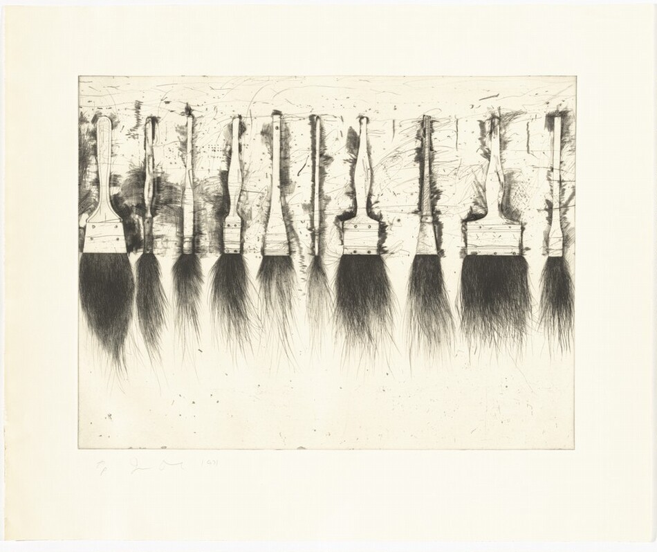 Printed with black against cream-white paper, ten paintbrushes with their handles facing up and bristles down are lined up in this horizontal etching. The white handle of each brush is shaded heavily around its edge with dense lines and hatching. Sketch-like, swirling lines and spots like pockmarks speckle the entire surface. The bristles of each brush are long and unruly, like uncut hair.