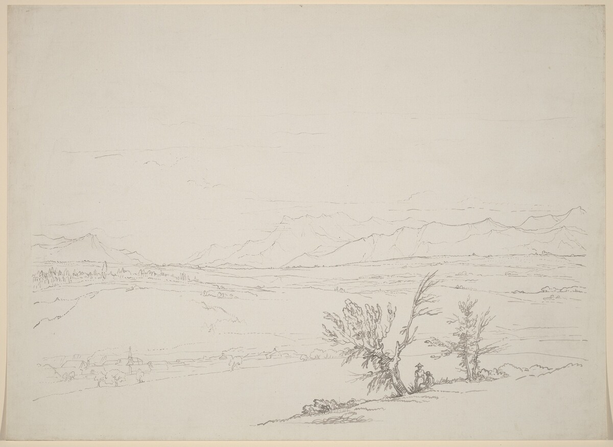 An Alpine Landscape with a Couple Seated by Trees Overlooking a Valley