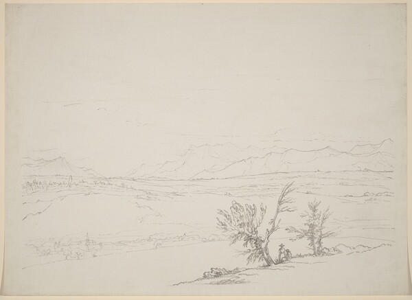 An Alpine Landscape with a Couple Seated by Trees Overlooking a Valley