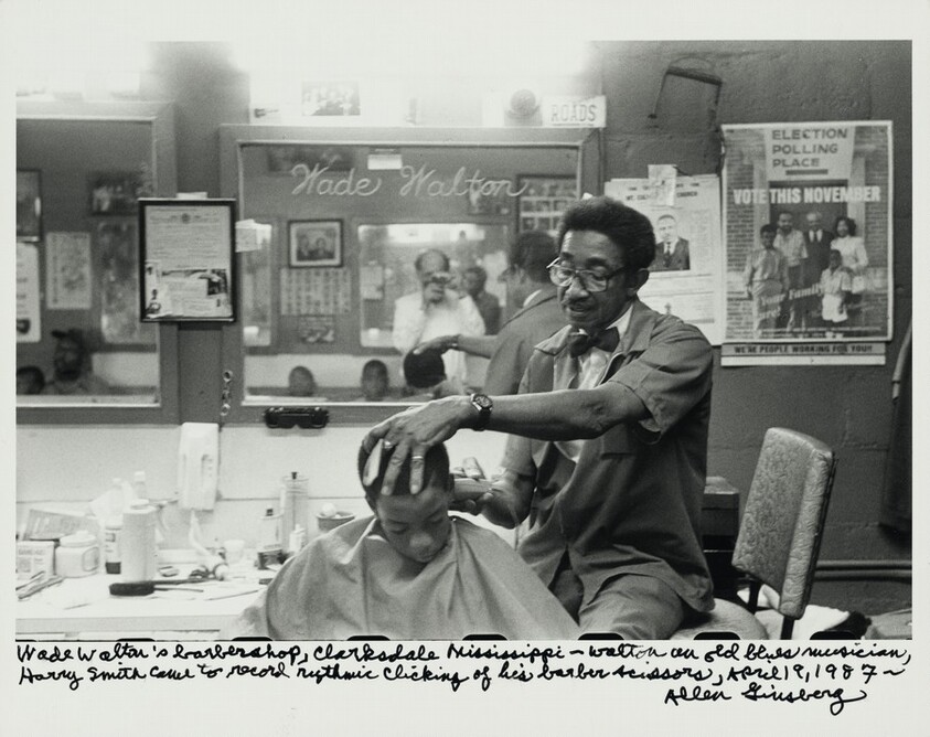 Wade Walton’s barbershop, Clarksdale, Mississippi—Walton an old blues musician, Harry Smith came to record rhythmic clicking of his barber scissors, April 19, 1987